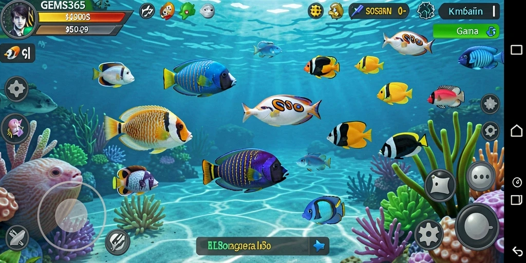 Screenshot gameplay GEMS365 menunjukkan suasana menembak ikan yang seru dan penuh warna.