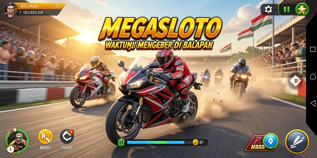 Tampilan gameplay seru dari MEGASLOTO menunjukkan balapan motor yang menegangkan.