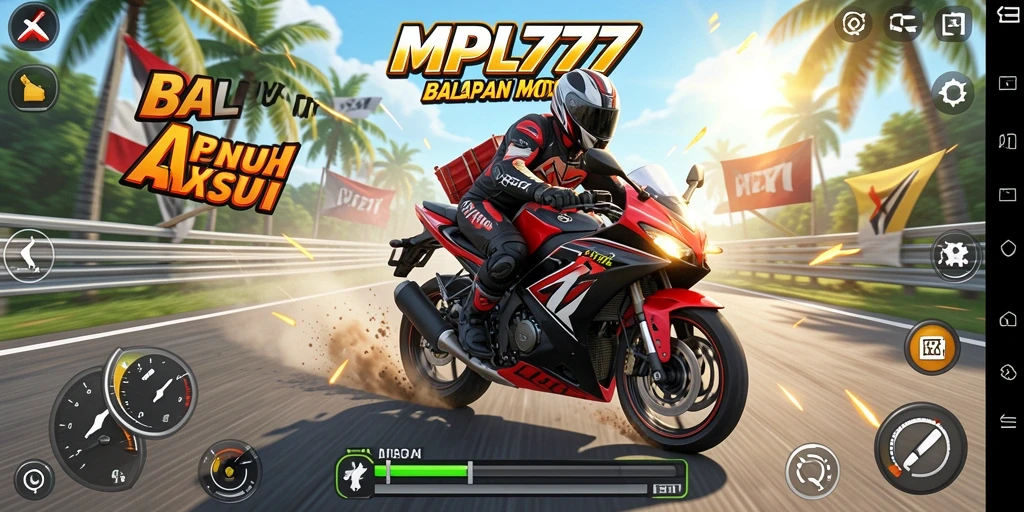 Tampilan gameplay seru MPL777 dengan motor balap di lintasan.