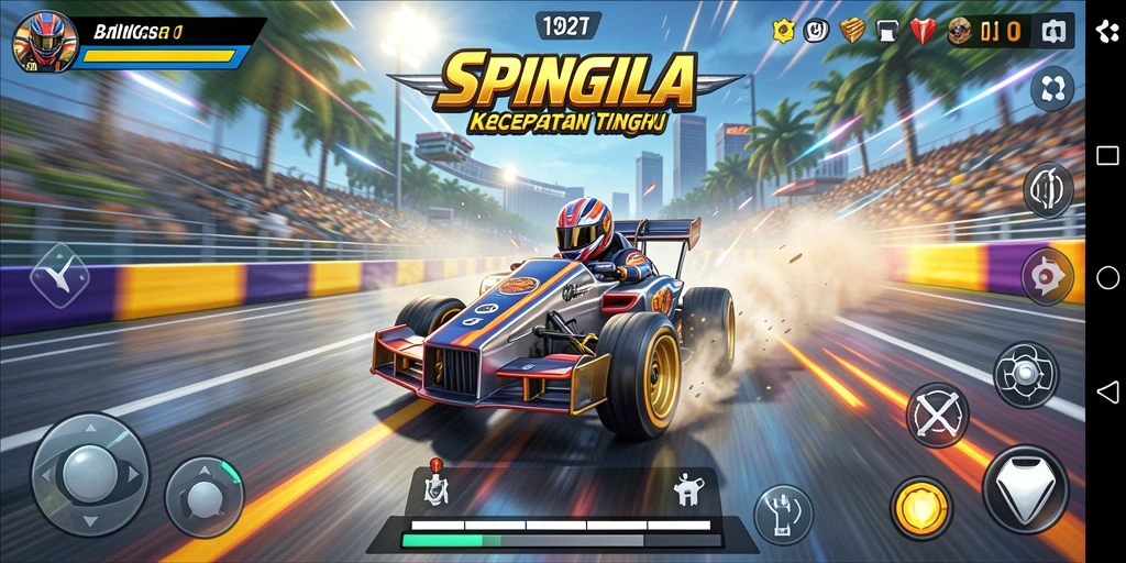 Screenshot gameplay SPINGILA yang menampilkan mobil balap melakukan drifting.